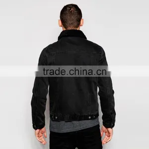 Black Denim Plain Fur Jacket Black Collar Windbreak Overcoat for Men thumbnail-2