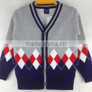 Custom Boys Kids V-neck Button-down Diamond Argle Cotton Cardigan Sweaters thumbnail-1
