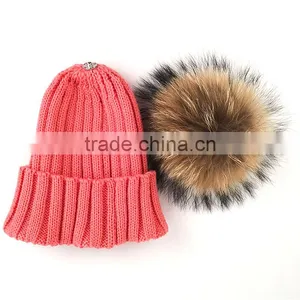 Myfur Cute Peach Color Warm Ribbed Knitting Hat With Natural Raccoon Fur Ball thumbnail-2