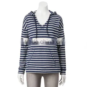 Cheap Price Lightweight Girls Long Sleeves Blue White Striped Drawstring Hoodie Pullover thumbnail-3
