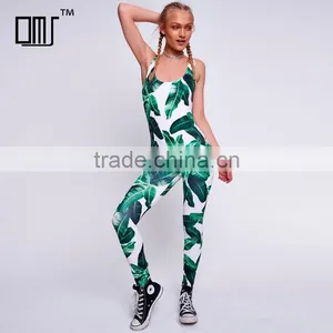 Scoop Neck Sleeveless Palm Leaf Print One Piece Women Tight Latex Catsuit thumbnail-1