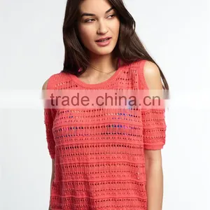 Shandao Factory Summer New Arrivals Casual Round Neck Short Sleeve Off Shoulder See Through Orange Lace Sexy Weatern Tops Ladies thumbnail-2