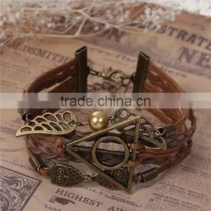 Braiding Leatheroid Wax Rope Brown Antique Bronze Halloween Owl Triangle Ring Wing W/Lobster Clasp Extender Chain Bracelets thumbnail-1