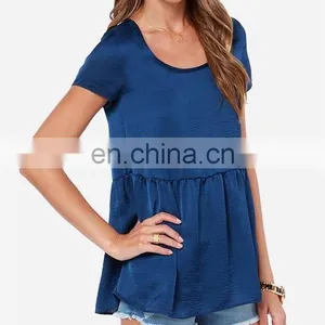 CHEFON Short Sleeve Fluttering Hem Soft Satin Ladies Blouse Ladies Top Fashion Blouse thumbnail-2