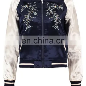 Hot Selling Woman Embroidered Satin Baseball Jacket Wholesale thumbnail-2
