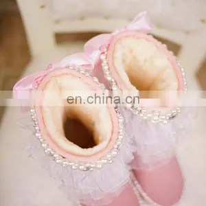Aidocrystal Women Pink Big Size Models Shoes Sweet Bling Pearls Net Yarn Ankle Boots With Bowknot for Girls thumbnail-4