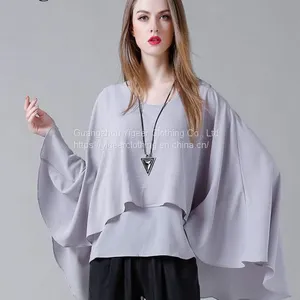 O-Neck Long Sleeve Loose Plus Size Double Layers Chiffon Top Blouse thumbnail-3
