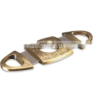 HQP-XJ06 HongQiang OEM Leather Pouch in Gift Box Classic Carving Pattern Double Edge Stainless Steel Portable Cigar Cutter thumbnail-3