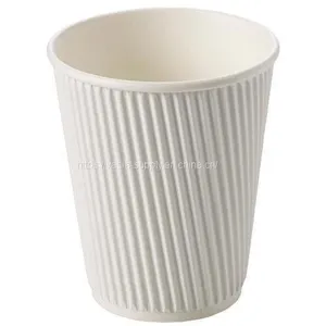 Disposable White Ripple Take Away Kraft Paper Coffee Cups With Lids thumbnail-1