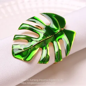 Green Tropical Leaf Shaped Metallic Gold Napkin Rings For Dinner Parties Weddings Family Gatherings or Everyday Use thumbnail-1