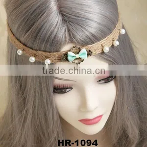 Little Fresh Retro Handmade Faux Pearl & Bowknot Hemp Rope Elastic Hair Band Fashion Headband thumbnail-1