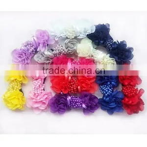 Pearl Chiffon Flower- Pearl Hair Bow- Glitter Hair Bow- Chiffon Hair Bow- Satin Hair Bow thumbnail-1