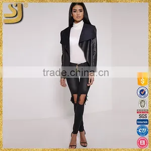 BLACK FAUX LEATHER WATERFALL JACKET thumbnail-3