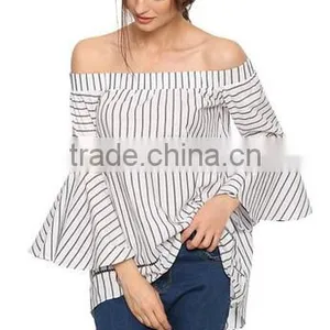 Women's Off The Shoulder Bell Sleeve Striped Blouse thumbnail-1