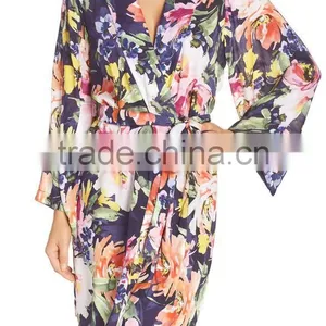 Floral Print Janpanese Kimono Style Robe for Women Long Sleeve Silk Kimono Robes Wholesale Custom Made thumbnail-2