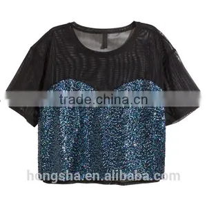 New Arrival Women Short Sleeve Wide Jersey Cropped Mesh Tops HST9262 thumbnail-1