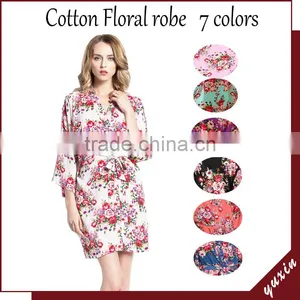 Wholesale Kimono Style Bridesmaid Robe Knee Length Cotton Floral Robe FR0018 thumbnail-1