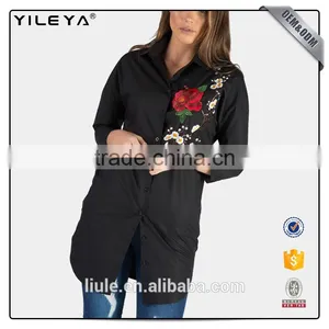 High Fashion Long Sleeve Black Women Cotton Shirt With Embroidery thumbnail-1