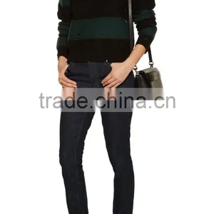 High Quality 100% Wool Mid-weight Striped Distressed Sweater Knitted for Women thumbnail-2