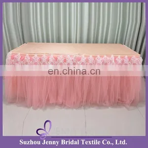 TC091 Pink Wedding Table Skirting Designs 8' Rectangular Table Tulle Puffy Skirt thumbnail-1