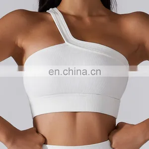 Ribbed One Shoulder Crop Sports Bras Women Factory Supply Backless Yoga Tank Tops thumbnail-4