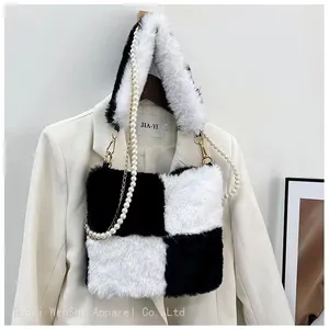 038New Style Plush Bag Splicing Elements Pearl Strap Shoulder Straddle Handbag for Women thumbnail-1