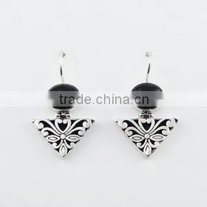 925 Silver Gemstone Earrings Black Agate Ajoure Triangle thumbnail-1