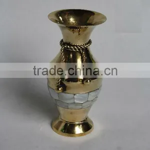 Vase With Metal Tie Made in Brass and Mirror Polish With Mother of Pearl Mosaic thumbnail-1
