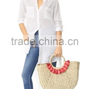 Red and Pink Tassels Pompom Vietnam Water Hyacinth Beach Bag thumbnail-1