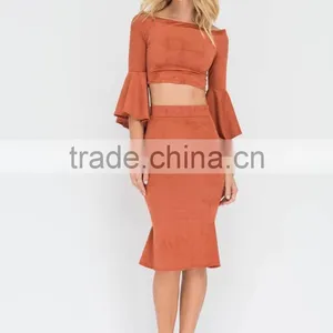 Ladies Designer Skirt Suits off Shoulder Flared Sleeve Crop Top and Tight Fishtail Skirt thumbnail-2