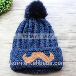 Cartoon Smile Face Lovely Acrylic Knitted With Faux Fur Ball Beanie Women Men Autumn Winter Cap Warm Hat thumbnail-6