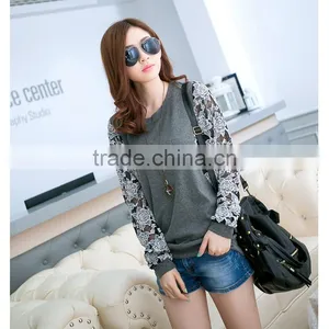 Korean Style Slim Round Neck Long Batwing Sleeve Women Lace Stitching Plus Size Blank T-shirt thumbnail-5