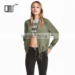 Khaki Green Soft Ribbed Collar Zip Bomber Jacket Womens Thin Coats and Jackets thumbnail-1