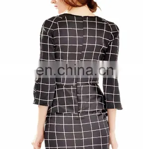 2015 New Product Elegant Fancy Windowpane Plaid Print Women Peplum Dress Long Sleeve Wholesale thumbnail-4
