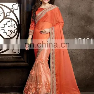 Fancy Style Designer Saree | Orange Party Wear Sarees | New Border Design Saree thumbnail-1