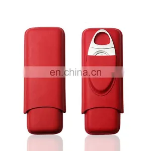Handmade Portable High Quality 2piece Genuine Leather Custom Cigar Holder Case With Cutter Gift Set thumbnail-5