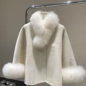 Precious Small Cape Double-sided Cashmere Coat for Women in Autumn and Winter Small Wool Rich Woman Fox Fur Collar Coat Short thumbnail-5