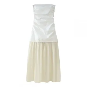 Spring and Summer New Female Actress Elegant Style off Shoulder Straight Neck Contrasting Patchwork Strapless Dress thumbnail-1