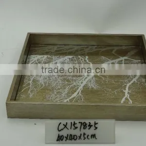 Antique Painted Decorative Square Wooden Glass Mirror Tray thumbnail-1