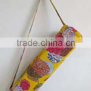 Embroidery Yoga Bag Kantha Yoga Bag Unisex Shoulder Bag Traditional Yoga Mat Bag Indian Ethnic Yoga Bag Yellow thumbnail-1
