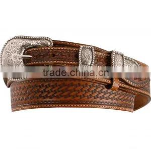 Western Men Rodeo Style Cowhide Leather Ranger Basketweave Emboss Leather Belts Wholesale thumbnail-3