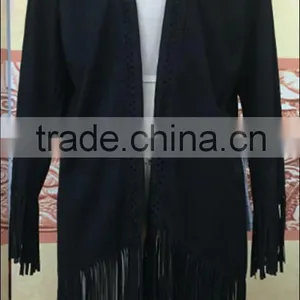 Fashion Casual Women Fringed Suede pu Jacket Without Collar thumbnail-3
