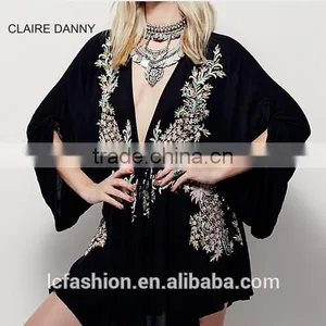 Wholesale V-neck Maxi Design Top Black Long Sleeve Embroidery Sexy Mini Top thumbnail-2