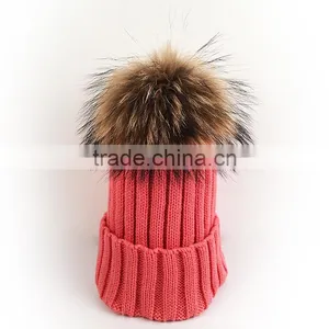 Myfur Cute Peach Color Warm Ribbed Knitting Hat With Natural Raccoon Fur Ball thumbnail-1