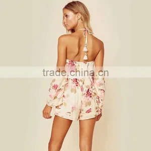 Floral Print Feminine Playsuits Allover Halter Drawstring Rompers thumbnail-3