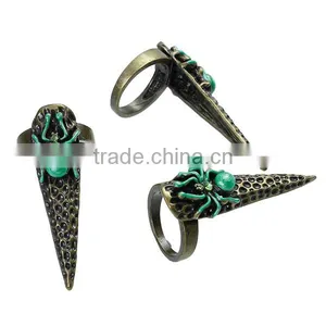 New Fashion Punk Unadjustable Fingertip Knuckle Nail Rings Antique Bronze Halloween Spider Carved Green Rhinestone Enamel thumbnail-1