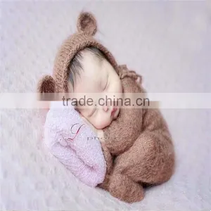 Mohair Baby Romper and Bonnet Sets Newborn Knit Pant Photography Props Baby Mohair Hooded Romper Luxury Overall Outfit Sitter thumbnail-1