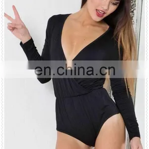 Wholesale Cheap Price Sexy V Neck Cut Long Sleeves Black Women Tight Bodysuit thumbnail-2