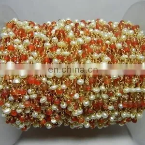 Carnelian & Pearl Gemstone Wire Wrapped Chain thumbnail-1