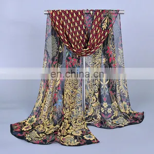 Hijab Women Peacock-olive Pattern Chiffon Silk Scarf Wholesale thumbnail-5